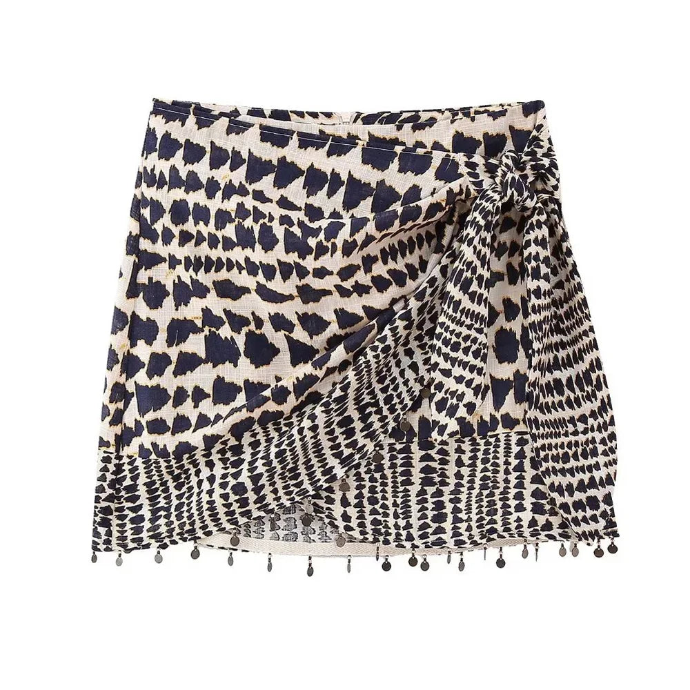 Beaded Print Wrap Mini Skirt