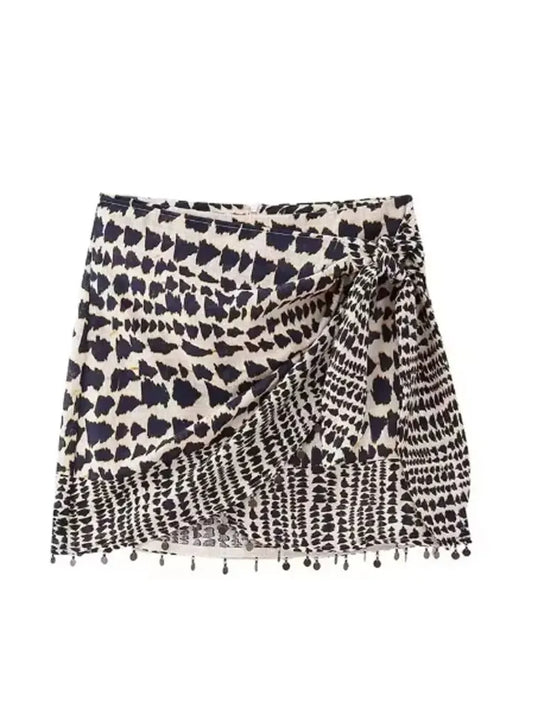 Beaded Print Wrap Mini Skirt