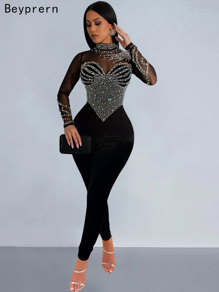 Sheer Mesh Crystal Jumpsuits