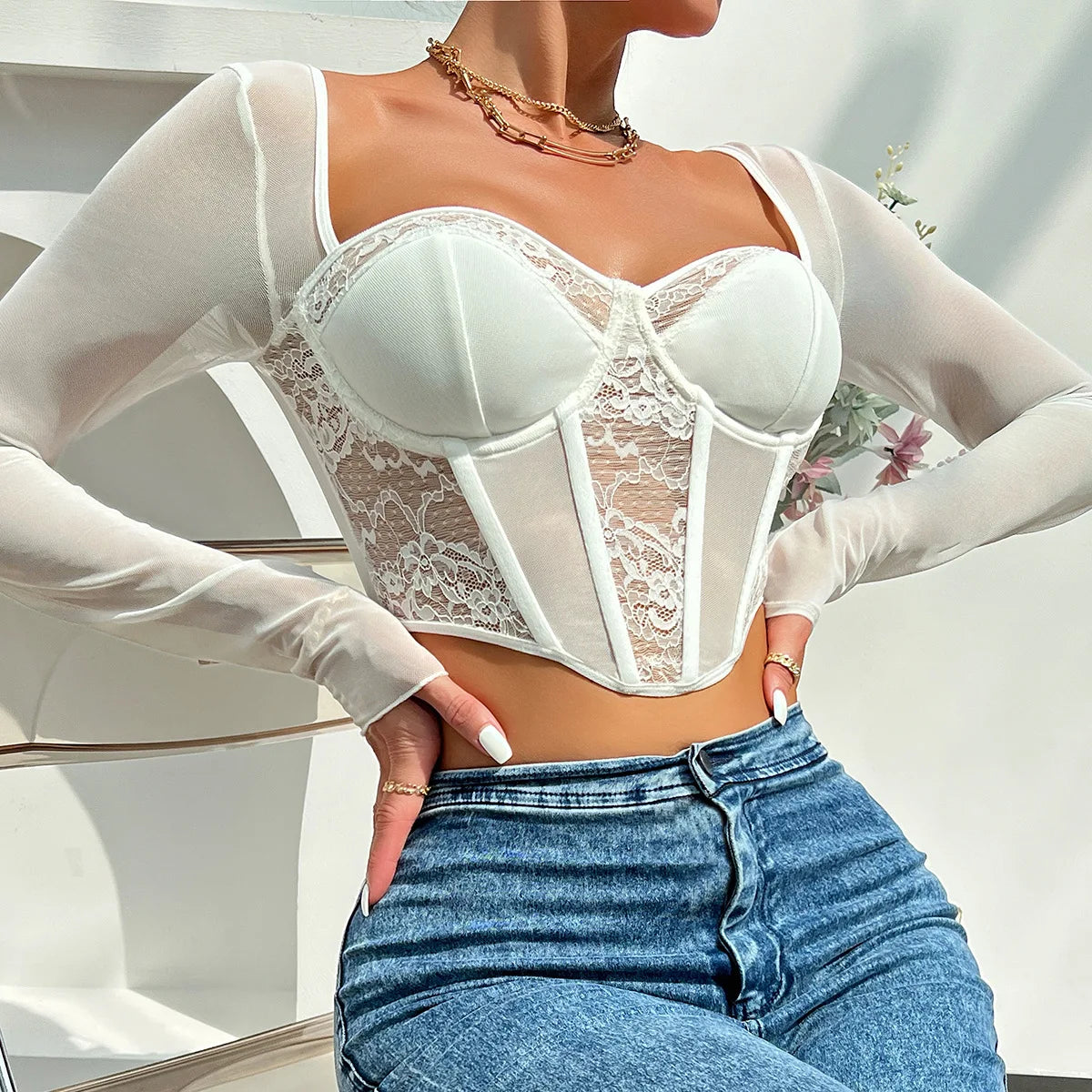 Long Sleeve Mesh Crop Top