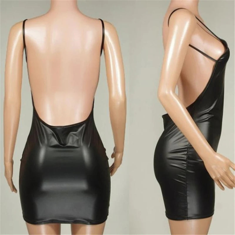 Sexy Faux Leather Dress Backless Short Dress