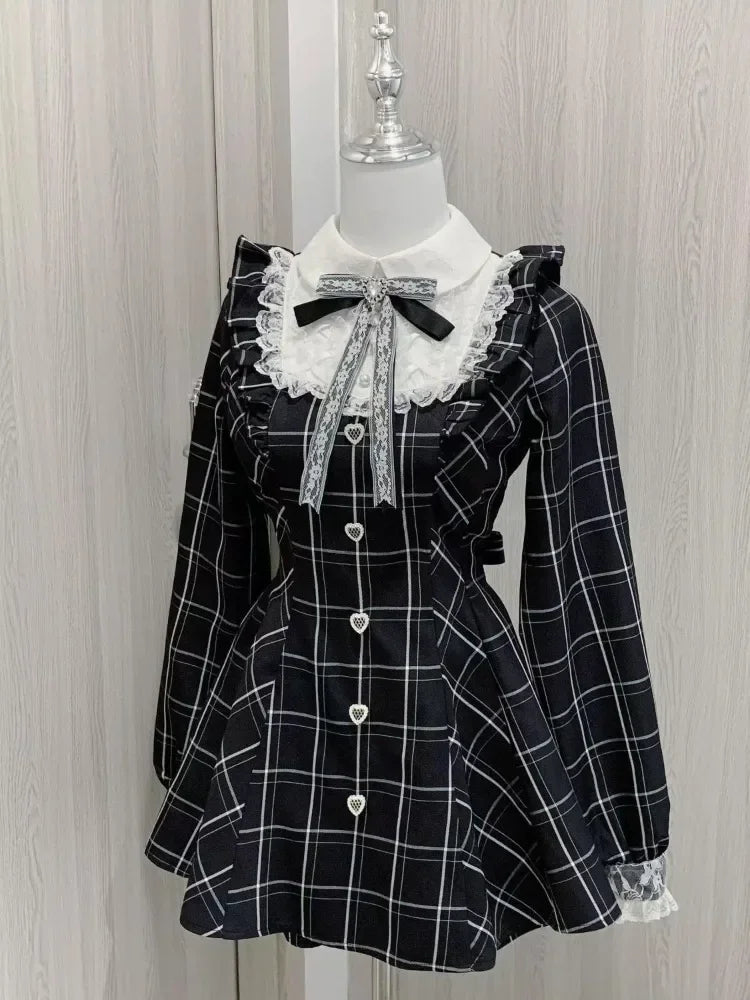 Sweet Bow Black Plaid SlimFit Lolita Dress for Women