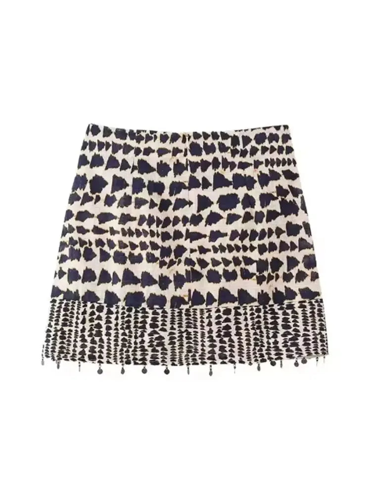 Beaded Print Wrap Mini Skirt