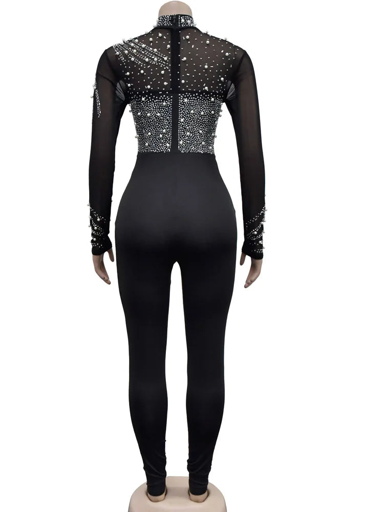 Sheer Mesh Crystal Jumpsuits