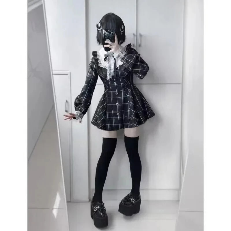 Sweet Bow Black Plaid SlimFit Lolita Dress for Women