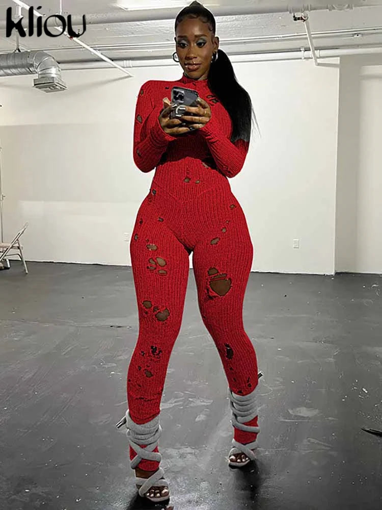 Knitted Ripped Jumpsuits