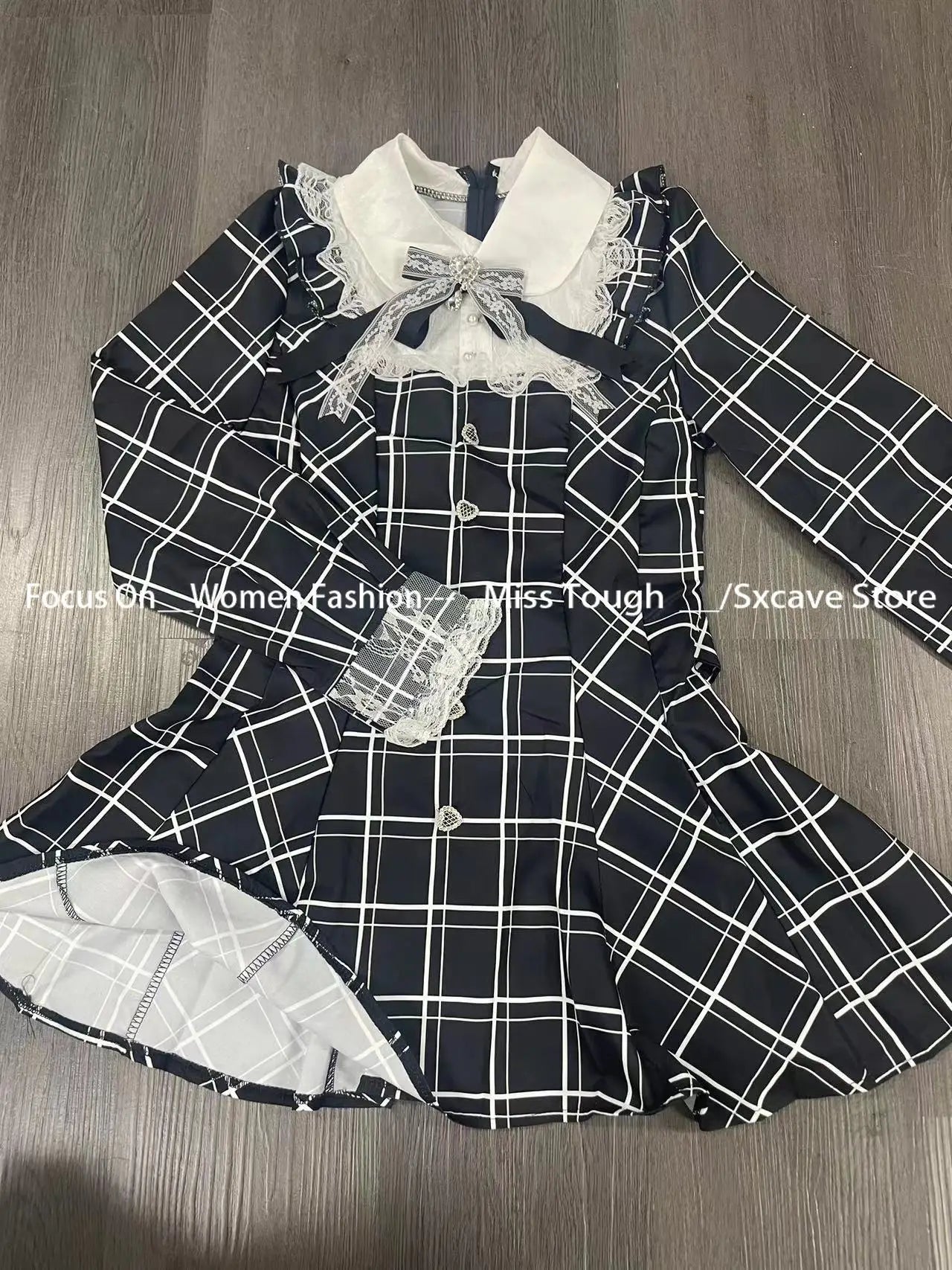 Sweet Bow Black Plaid SlimFit Lolita Dress for Women